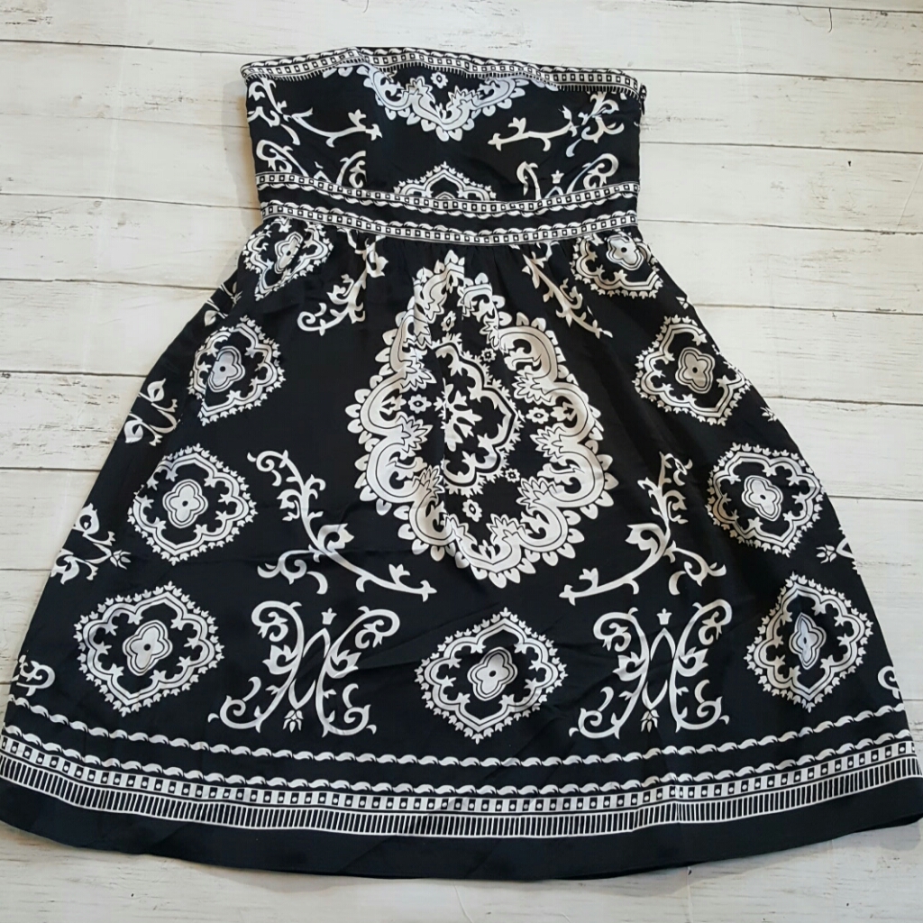 Whbm 100% Silk Black White Damask Strapless Dress Size 4